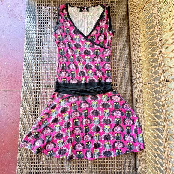 Contro Corrente Pink Black and White Drop Waist Sleeveless Owl Print Dress S - Picture 9 of 9
